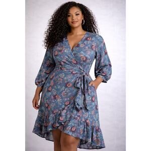 111-Torrid Floral Wrap Dress Size 1 Blue Boho Ruffle Hem Long Sleeve Plus